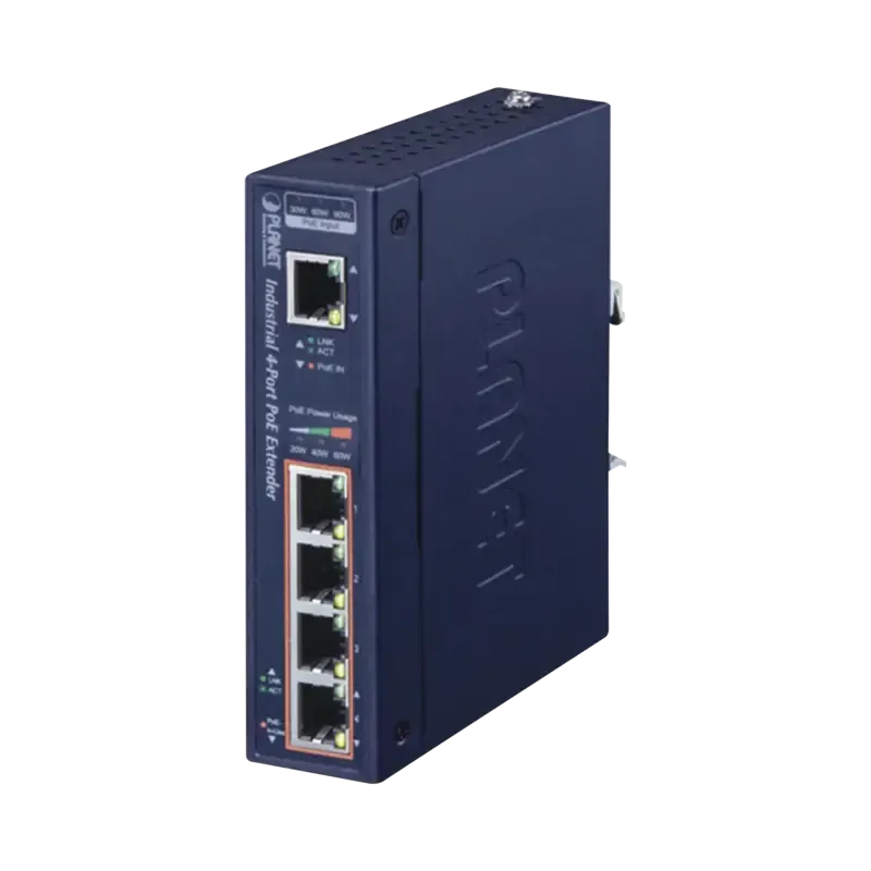 Extensor Industrial PoE, Entrada PoE 802.3 bt  y 4 Extensor Industrial PoE, Entrada PoE 802.3 bt  y 4